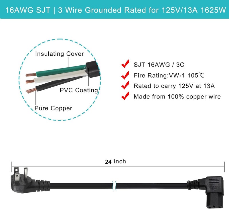 SPARKING [2 Pack] 90 Degree Computer Power Cord - 2FT Low Profile Flat Plug to Right Angle IEC C13 Power Cord,Universal PC Power Supply Cord 16AWG, Black C13 3 Prong Angled AC Power Cord for PC Monitor/TV - Image 3